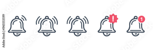 Ringing bell icons with notification badges and exclamation warning signs for mobile application interfaces.