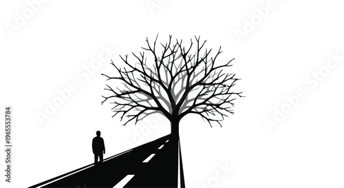 man walking alone on empty road towards bare tree