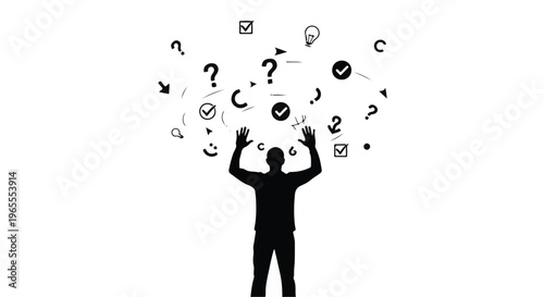 man with question marks and symbols floating above head