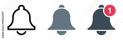 Bell notification icons in outline and solid styles, including a new message with a red alert badge.