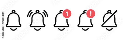 Five outline bell icons including ringing notification badge and silent mode symbols for web ui.