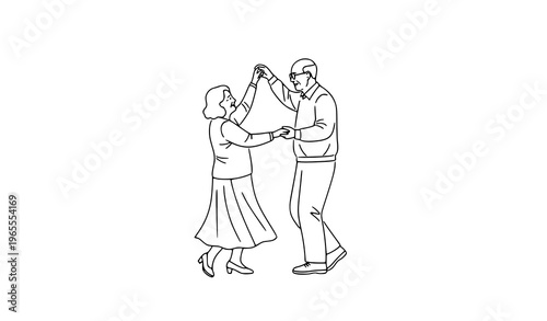 Senior couple dancing outline illustration romantic elderly man and woman black and white vector