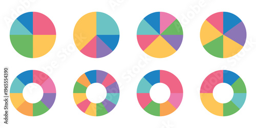 Pie chart icon set featuring colorful circle section graphs, infographic elements, and round diagram illustrations, vector design for data visualization and statistics