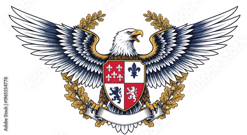 Heraldic Bald Eagle with Shield and Oak Wreath, Professional Coat of Arms Vector Illustration for Emblems and Logos