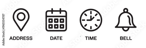 Set of black line icons representing address, date, time, and bell for various communication concepts.