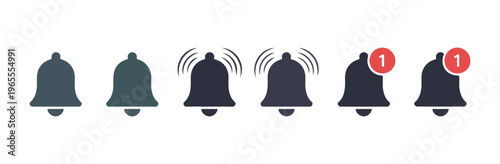 Set of bell icons in various states and colors, including notification, ringing, and new message indicators.