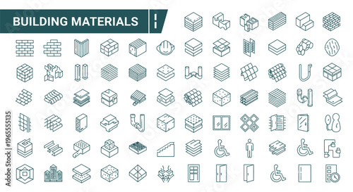Collection of building materials and architectural elements in linear style