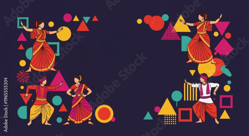 Illustration of Indian men and women performing traditional folk dance in colorful attire with abstract geometric background.