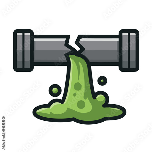 A detailed vector of a broken pipe leaking liquid waste, representing industrial pollution, environmental damage, and the harmful effects on nature and ecosystems.