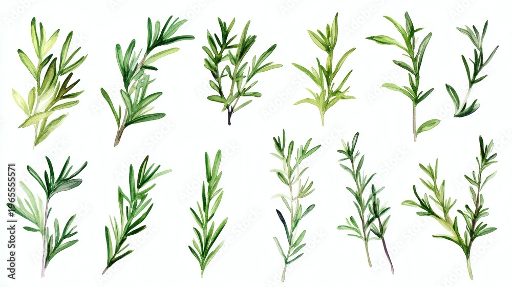 Fototapeta premium Watercolor illustration of five rosemary sprigs on white background, soft green leaves with one sprig showing small purple flowers
