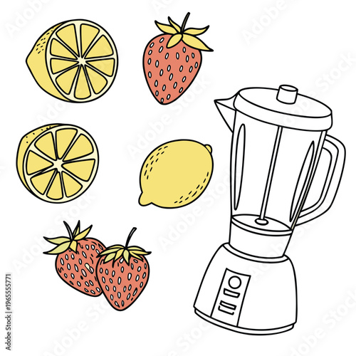 Fresh lemon and strawberry with blender illustration with line art