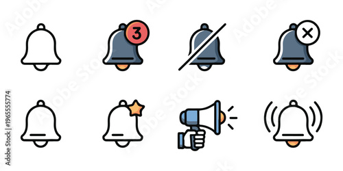 Notification bell icon set with various states including mute alert star and megaphone for interface design.