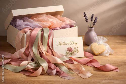 Open cream gift box with pastel tissue paper and cascading silk ribbons in blush, sage, and dusty rose. Pressed-flower Mother’s Day card, lavender vase, and heart-shaped cookie. Soft directional light