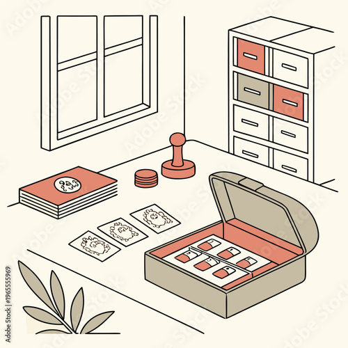 Tabletop game scene with cards, box, and player pieces, board game, game night