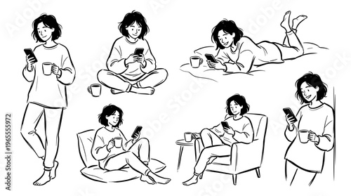 Woman relaxing at home enjoying coffee and using smartphone in various comfortable poses, illustrating modern lifestyle and digital connection.
