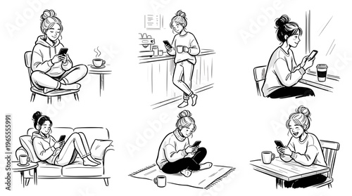 Young woman enjoying mobile phone use in various relaxed settings like home cafe and outdoors, depicting modern lifestyle and digital connection