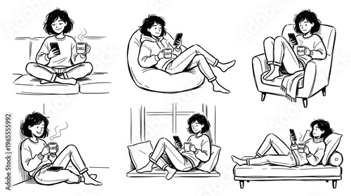 Woman relaxing at home using smartphone and drinking coffee, enjoying leisure time indoors, comfortable lifestyle illustration