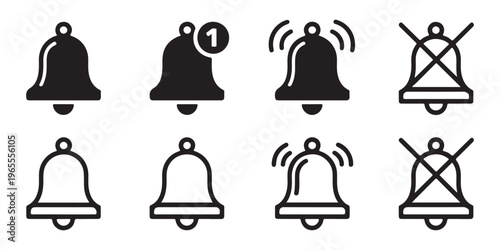 Bell notification icon set. new message, silent mode, and ringing bell vector illustration on white background.