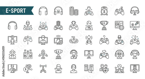 E sport icons gaming headsets controllers and competitive elements displayed