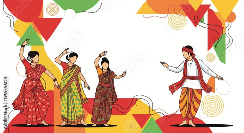 Illustration of Indian men and women performing traditional folk dance in colorful attire with abstract geometric background.
