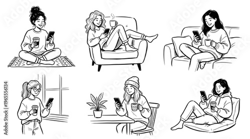 Diverse women enjoying cozy moments at home with coffee and smartphones, illustrating modern lifestyle and relaxation