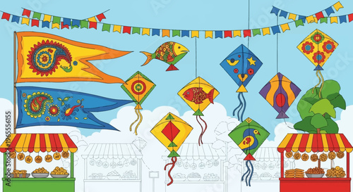 A vibrant illustration of a traditional Indian festival market with colorful kites, flags, and food stalls.
