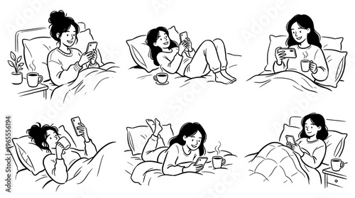 Young woman relaxing in bed using smartphone and drinking coffee enjoying morning routine and leisure time at home