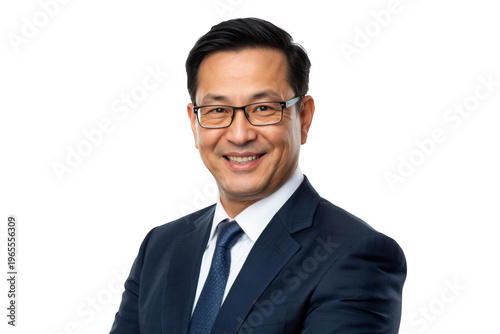 Smiling asian businessman wearing suit and glasses