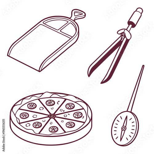 Pizza making tools and pizza slice line drawing - outline illustration
