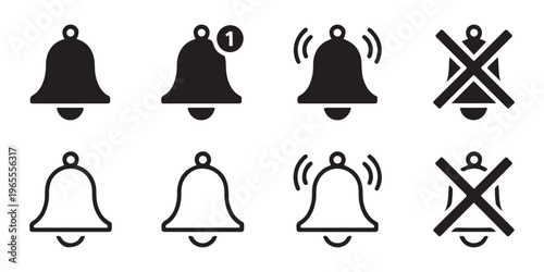 Bell notification icon set. new message, silent mode, and ringing bell vector illustration on white background.