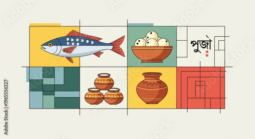 A vibrant illustration depicting elements of Bengali culture and festivals, including fish, traditional sweets, earthen pots, and the word 'Puja' in Bengali script, arranged in a colorful grid.