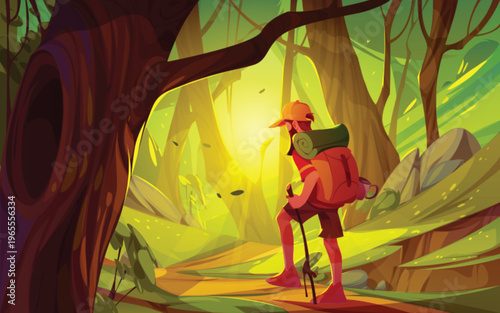 Hiker with backpack walking on a forest path at sunrise