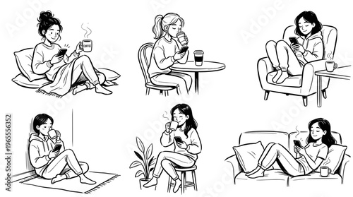 Young women enjoying coffee and phones in cozy indoor settings, illustrating modern relaxation and digital connection