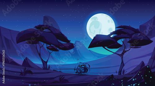 Night landscape with savanna trees and full moon over mountains