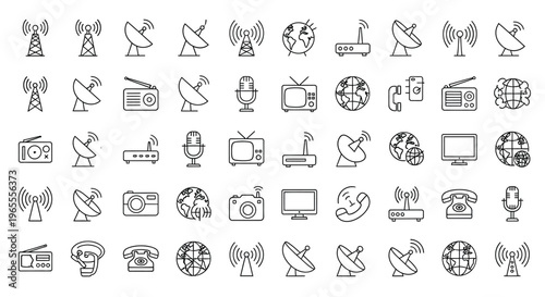 Collection of various communication and broadcasting technology line icons