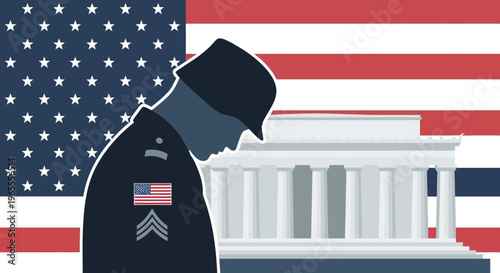 Patriotic US Soldier Silhouette Bowing Head with American Flag and Lincoln Memorial Background; Memorial Day and Veterans Day Concept Honoring Fallen Heroes