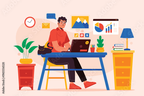 Freelancer working on laptop at home office with cat