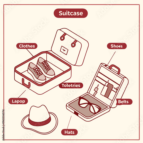 Organized packing for travel: open suitcases with clothes & items
