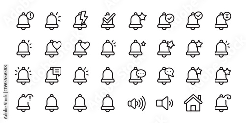Outline notification bell icons with stars hearts checkmarks lightning and speech bubbles.