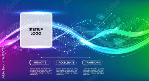 Dynamic digital background with glowing light waves, particles, and business concepts like innovate, accelerate, transform for a startup presentation.