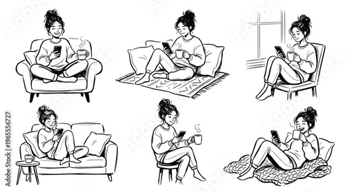 Woman relaxing at home enjoying coffee and using her smartphone in various cozy settings like a sofa armchair and chair