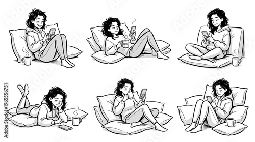 Young woman relaxing at home with coffee and smartphone, enjoying leisure time and digital connection, cozy indoor lifestyle illustration