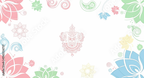 Ornate pastel floral and swirl patterns frame a central intricate pink elephant-like design on a white background, evoking cultural elegance.