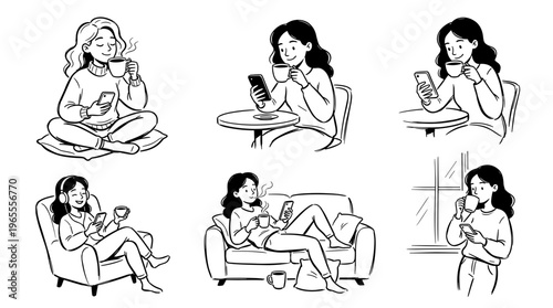 Woman enjoying coffee and phone use in various relaxed home and cafe settings, illustrating modern lifestyle and leisure activities