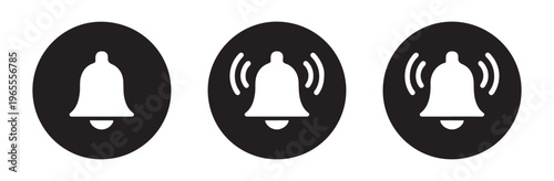 Notification bell icon set with alert signal symbols in circular black buttons for mobile app interface design.