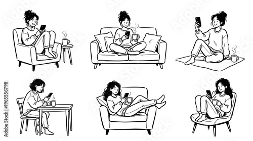 Young woman relaxing at home using her smartphone in various comfortable poses, enjoying leisure time with a hot beverage, illustrating modern digital lifestyle and self care.