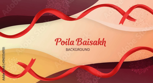 Vibrant Poila Baisakh celebration background with elegant red ribbons and warm color gradients, featuring abstract wavy shapes.