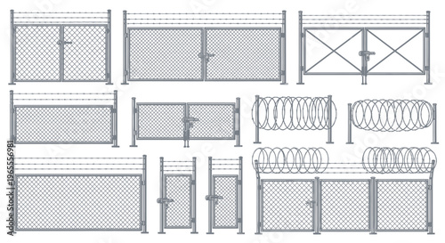 Set of Industrial Metal Chain Link Fence Gates and Panels with Barbed and Razor Wire Security Vector