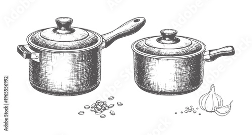 Two pots with lids and cooking ingredients garlic and seeds saucepan kitchen food