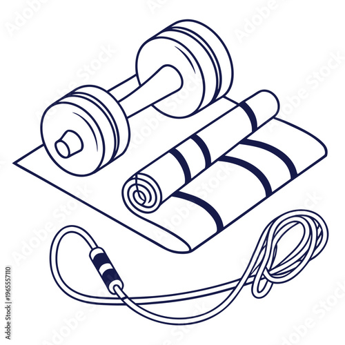 Fitness and workout gear: dumbbell, exercise mat, and jump rope line art